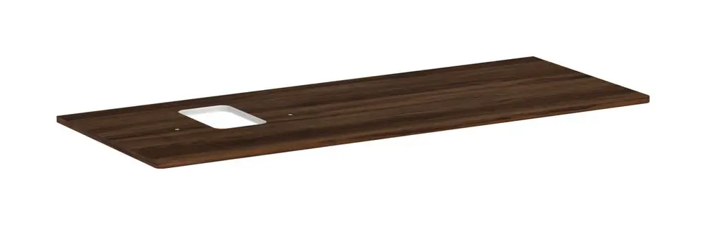 Wandkonsole in dunkler Holzoptik von Hansgrohe mit rechteckigem Ausschnitt auf der linken Seite, geeignet für einen Aufsatzwaschtisch.